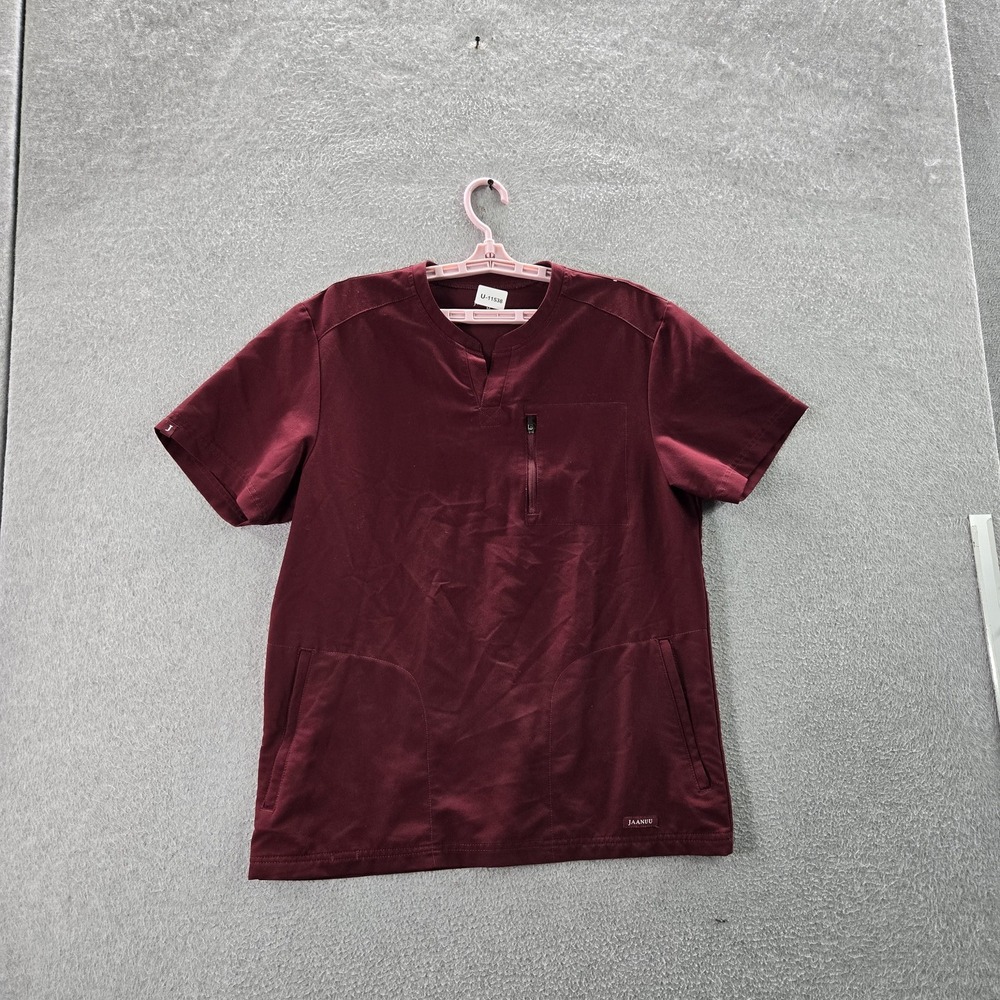 Jaanuu Women Scrub Top M Burgundy‎ Mock Wrap Zipper Short Sleeve